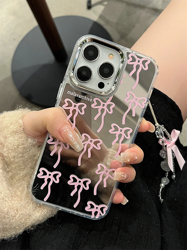 Cute Pink Bowknot Case For iphone 16 15 14 13 12 11 Pro MAX Mini X XS XR Plus Glitter Mirror Cover Ins Girl Clear Bracelet Shell