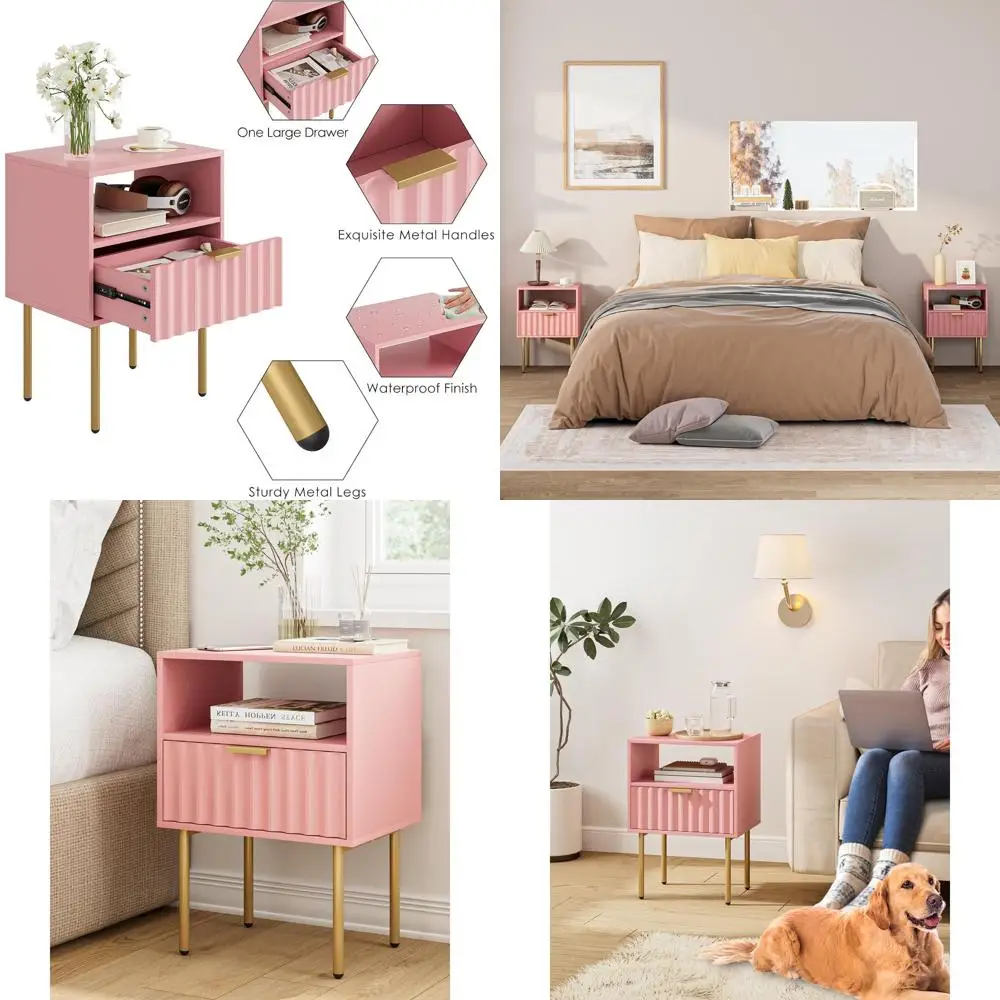 

Contemporary Pink Drawer & Shelf Nightstand with Gold Accents for Bedrooms and Living Spaces