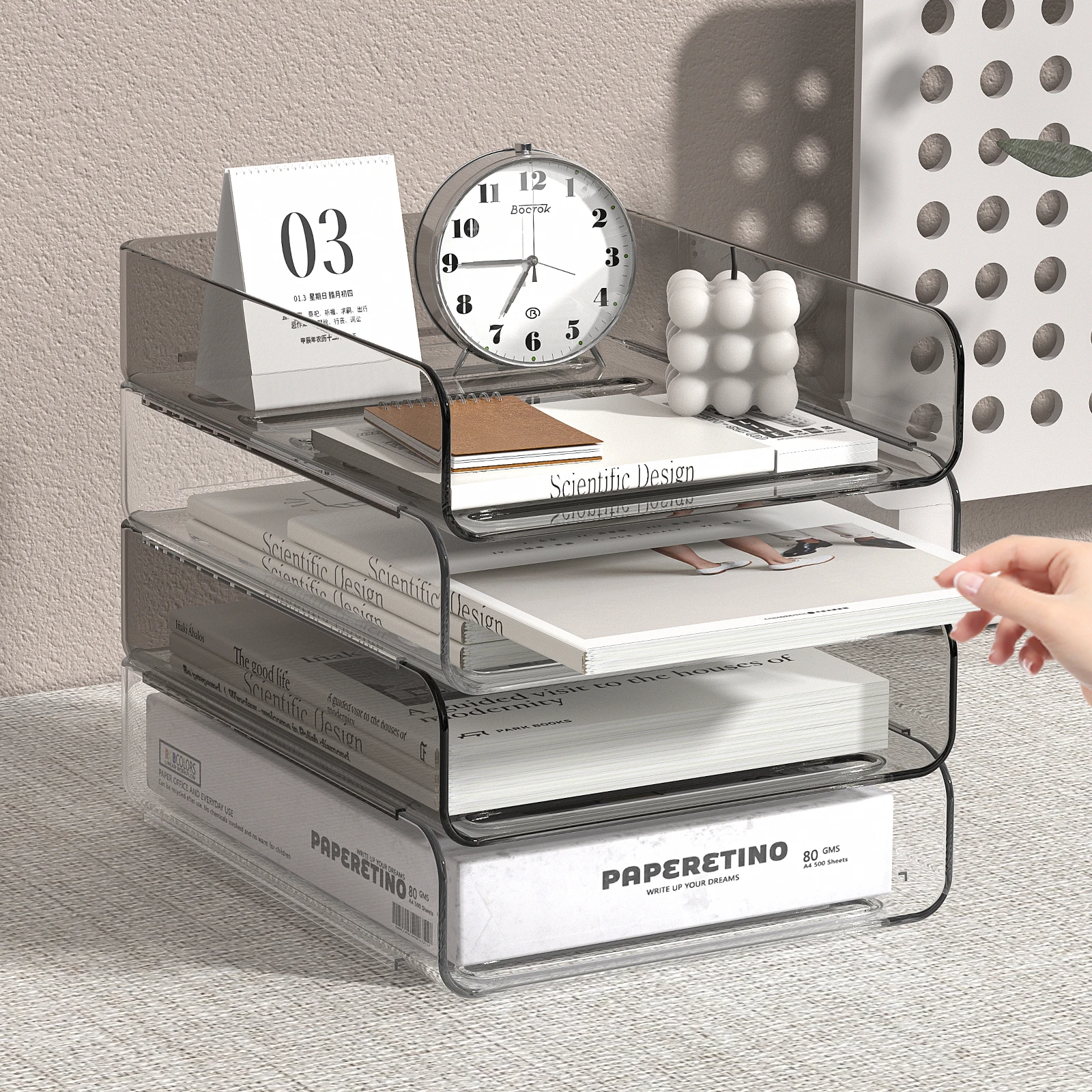4 Tier Stackable Clear Plastic Desk File Organizer A4 Letter Paper Tray Storage Rack for Office Home School Students