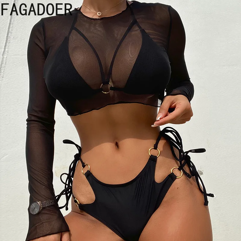 

FAGADOER Sexy Mesh See Through Bikini Swimsuit Three-Piece Set Women Spaghetti Strap Crop Top + Underwear + Underpants Beachwear