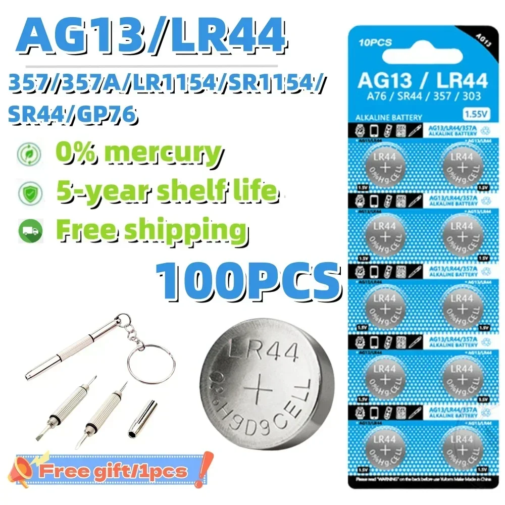 

100PCS 1.55V AG13 LR44 Button Batteries L1154 RW82 SR1154 SP76 A76 LR1154 GP7 SR44 Cell Coin For Watch Toys Remote Battery