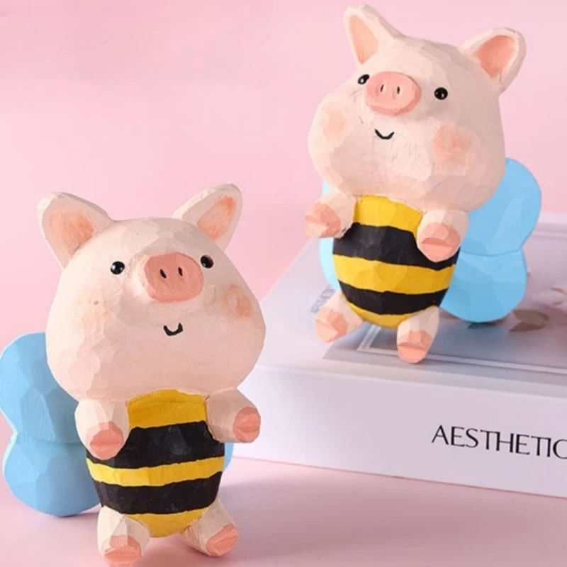 1PC Bee Pig Hybrid Wood Craft Fantasy Creature Statue Computer Desk Bookshelf TV Console Decor Animal Handmade Cartoon Ornament