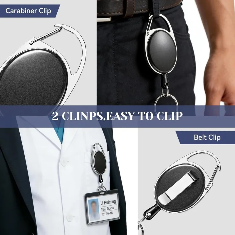 Retractable Badge Reel Holders, Metal Heavy Duty With Carabiner Belt Clip And Key Ring For ID Card Name Holder And Keychain