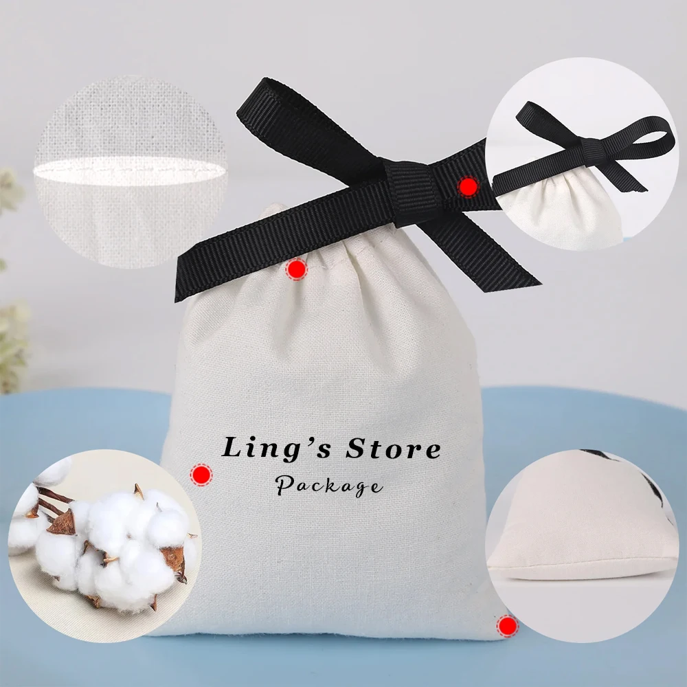 

50/100 шт., шикарная сумка для упаковки ювелирных изделий, белый хлопковый мешочек, муслиновый подарочный парик на шнурке, косметический органайзер, карман, может индивидуальный логотип
