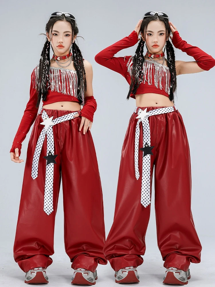 

Kpop Hip Hop Clothing For Girls Tassel Navel Tops Leather Pants Red Performance Suit Kids Catwalk Jazz Dance Costumes BL18183