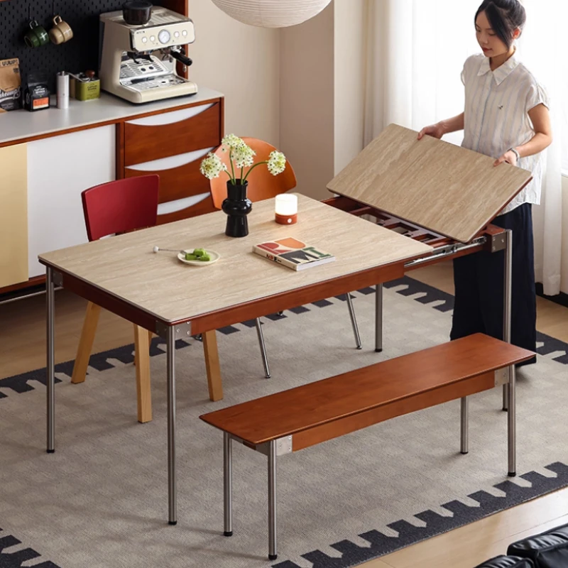 

Japanese-style Nordic Scalable Dining Table Space Saving Furniture Boxwood and Sintered Stone Integrated Silent Slide Rail