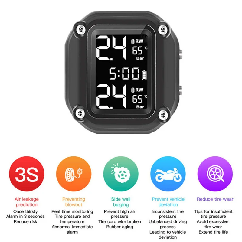 

M5 Motorcycle TPMS Wireless Motorbike Motorcycle Tyre Pressure Monitoring Alarm System With 2 External Sensors 5 Alarm Methods