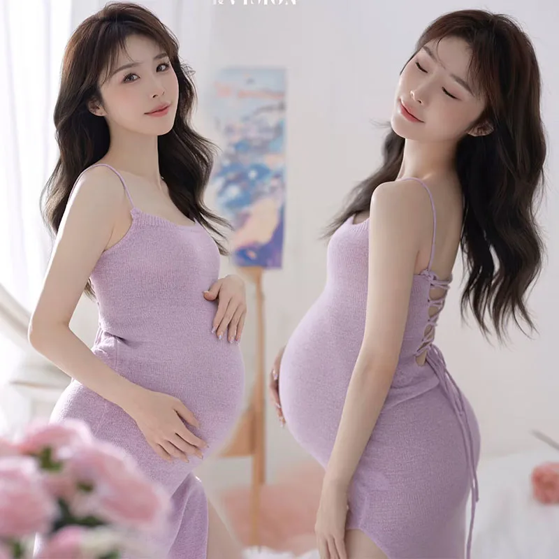 Women's Sleeveless Maternity Photography Dress Adjustable Strappy Knitting Bodycon Dress for Photo Shoot Baby Shower