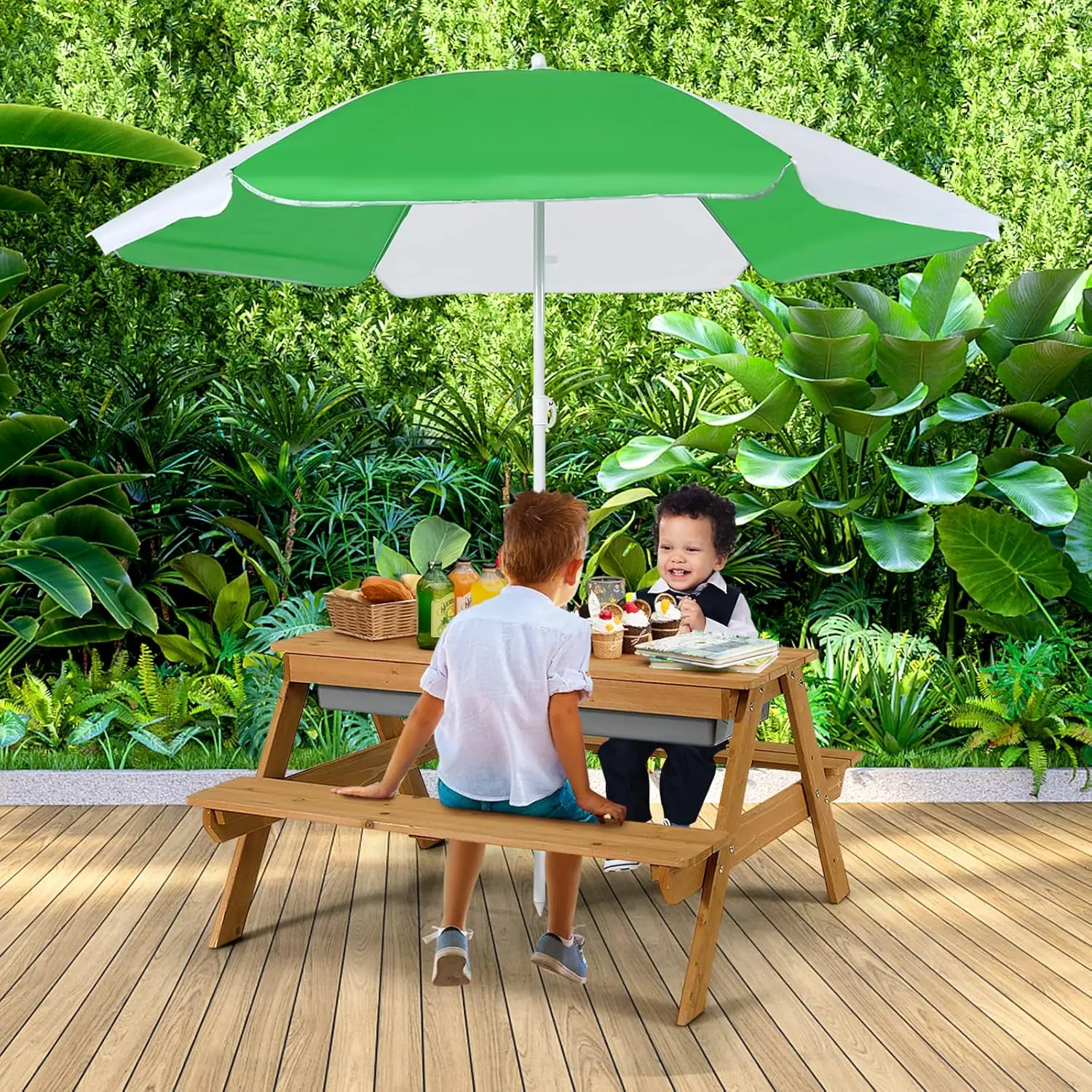 3 in 1 Sand & Water Table w/Height Adjustable Umbrella, Removable Tabletop, Children Outdoor Toy Playset w/2 Play Boxes