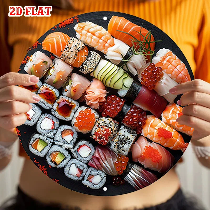 2D Flat 1pc Sushi Round Wall Decor,Japanese Cuisine Aluminum Wall Art,Salmon Round Wall Decor,Rolls Durable Indoor/Outdoor Decor