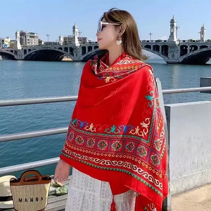 

Women Shawl Travel Ethnic Style Cotton Linen Sun Protection Beach Cape Desert Sun Protection Cape Sun Protection Scarf Silk