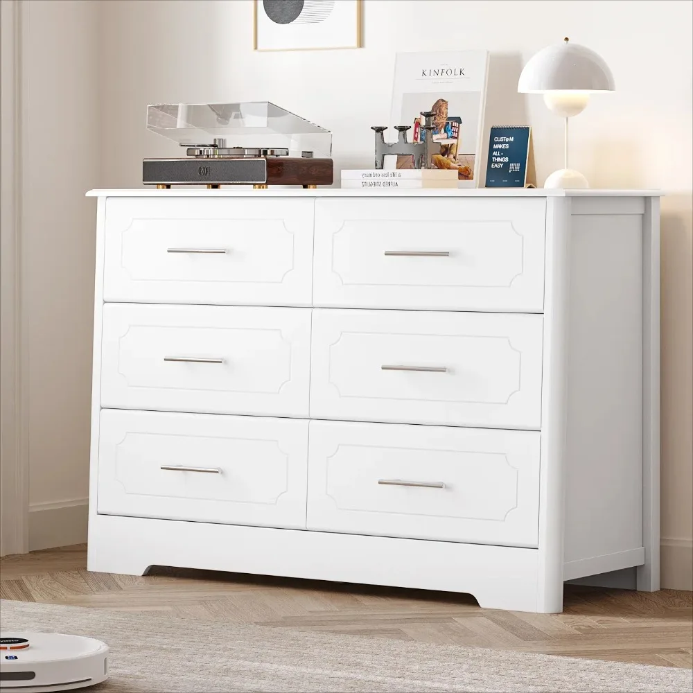 6 Drawer Horizontal Dresser with Silver Handles, White Solid Double Dresser