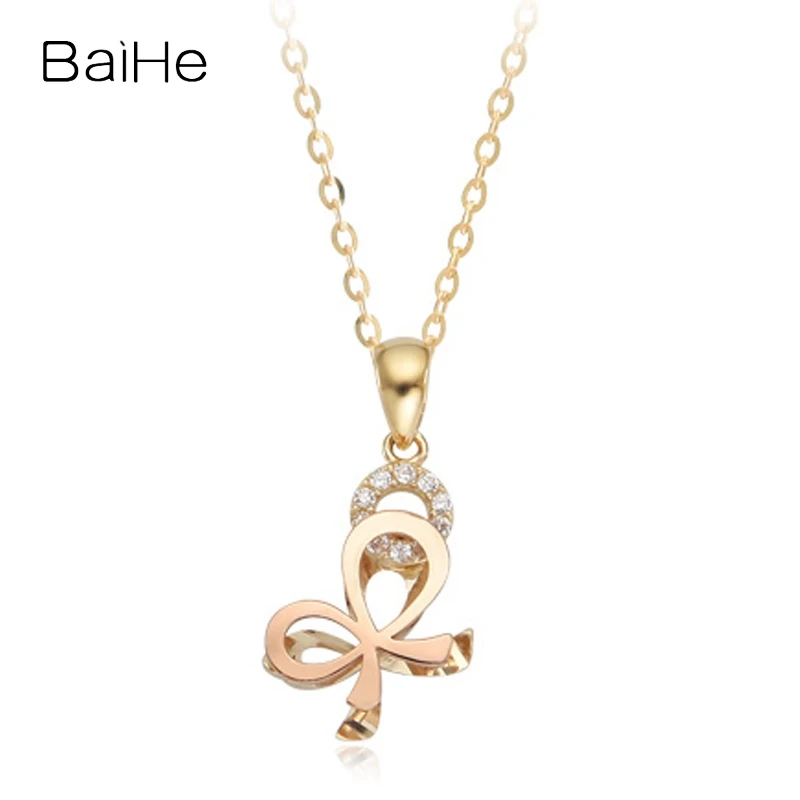 

BAIHE Solid 14K Yellow+Rose Gold H/SI Natural Diamond Bowknot Pendent Necklace Women Trendy Fine Jewelry Making Muince Bowknot