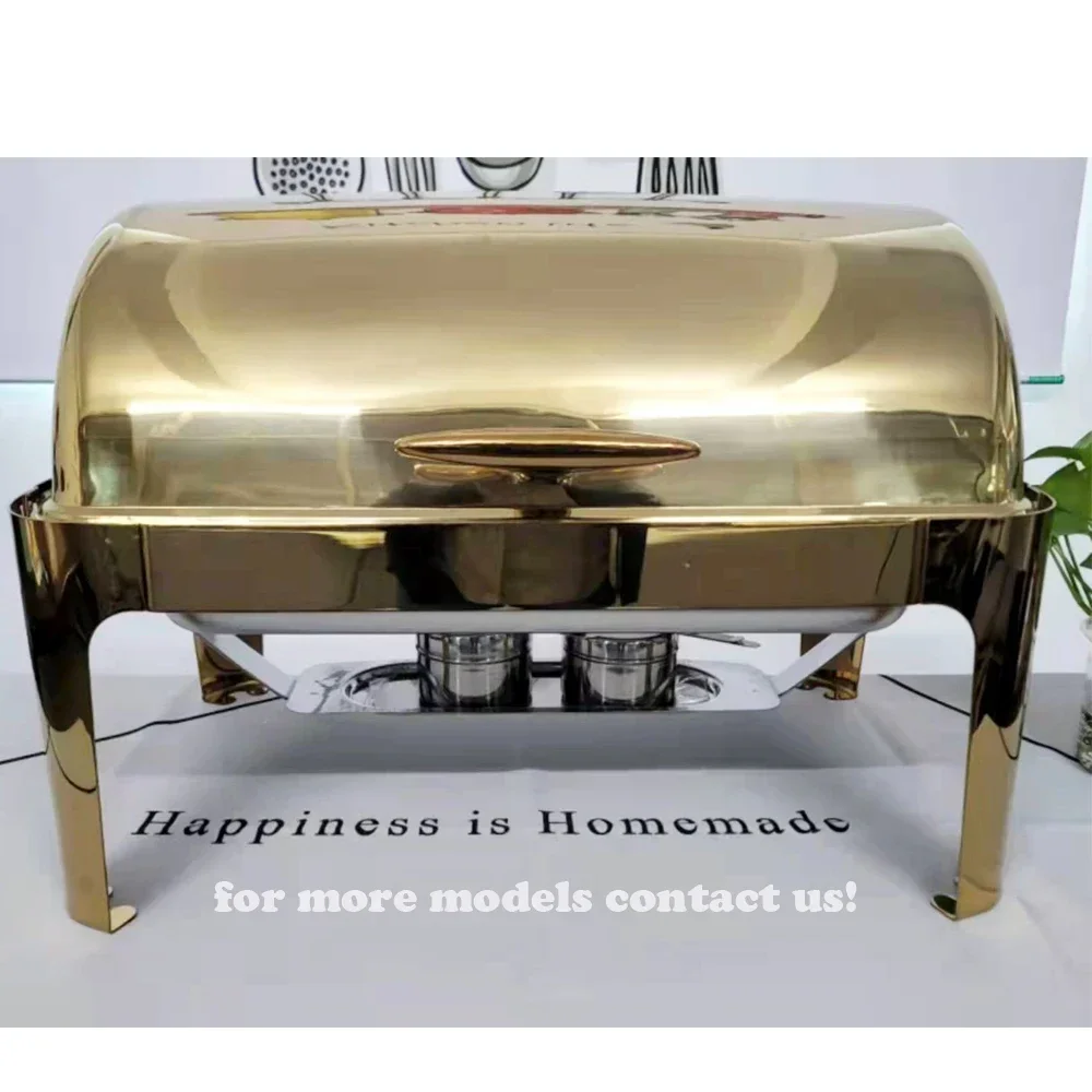 Venta caliente de acero inoxidable 9L rectángulo oro rozaduras platos buffet verrina calentador de alimentos chafer para catering gran oferta