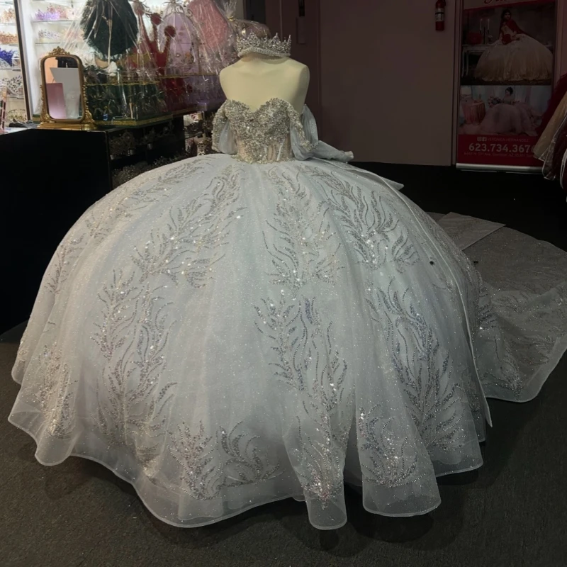 

Light Silvery Shiny Quinceanera Dresses Ball Gown Off The Shoulder Sequin Applique Lace Beading Crystal Bow Tull Corset Party