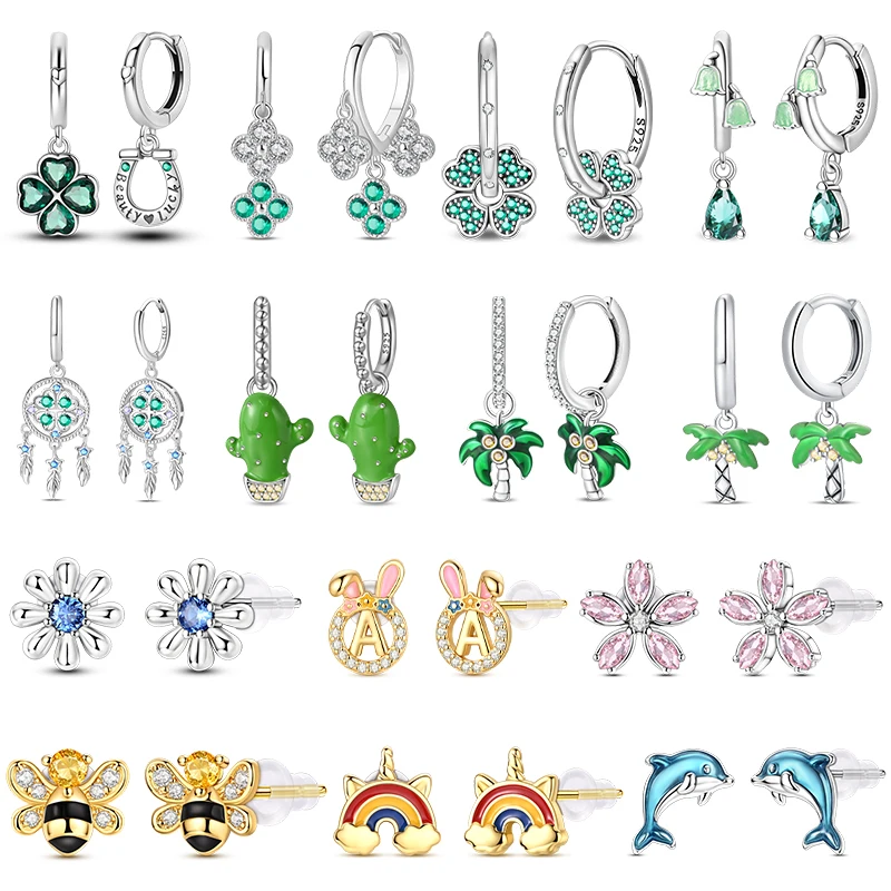 925 Sterling Silver Green Four Leaf Clover Rainbow Women Earrings Brilliant Wedding Engagement Star Earrings Jewelry Gifts