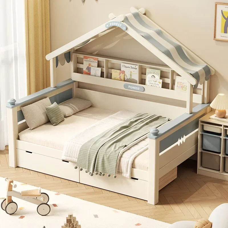 for Solid Wood Children Bed Girl Princess Bed with Trailer Guardrail Wooden House  Baby 1.5m Single Boy