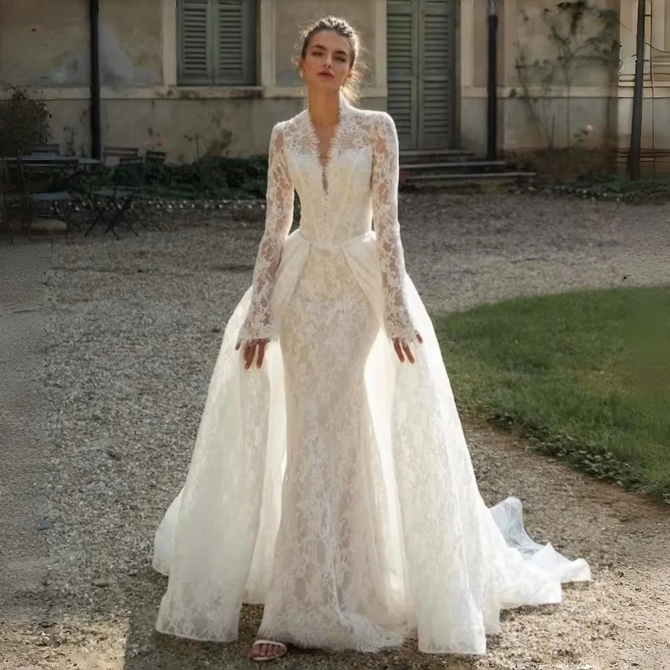 Customized White Lace Bridal Wedding Dress Mermaid V-Neck Button A-Line Two Pieces New Sweet Luxury Vintage Stylish Elegant