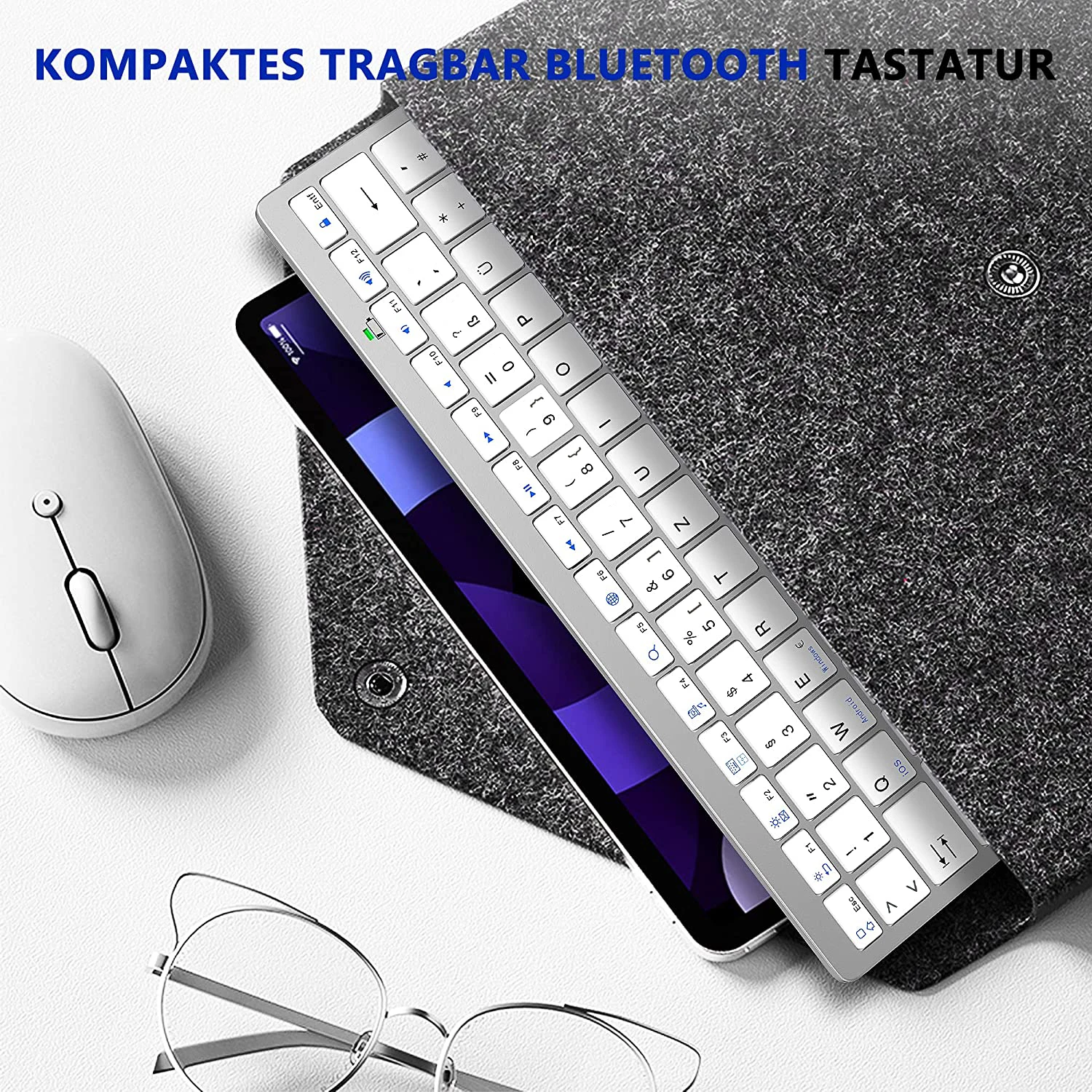 Tastiera Bluetooth con layout tedesco QWERTZ per iPad iPhone iOS Android Windows Tablet wireless portatile e tastiera per telefono cellulare