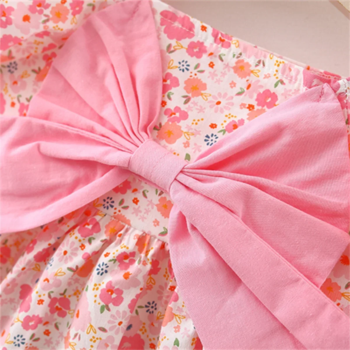 Summer New Girls\' Dress Bubble Sleeve Bow Ribbon Floral A-line Dress Birthday Party Team Dress Casual (0-3 Years Old Girls)