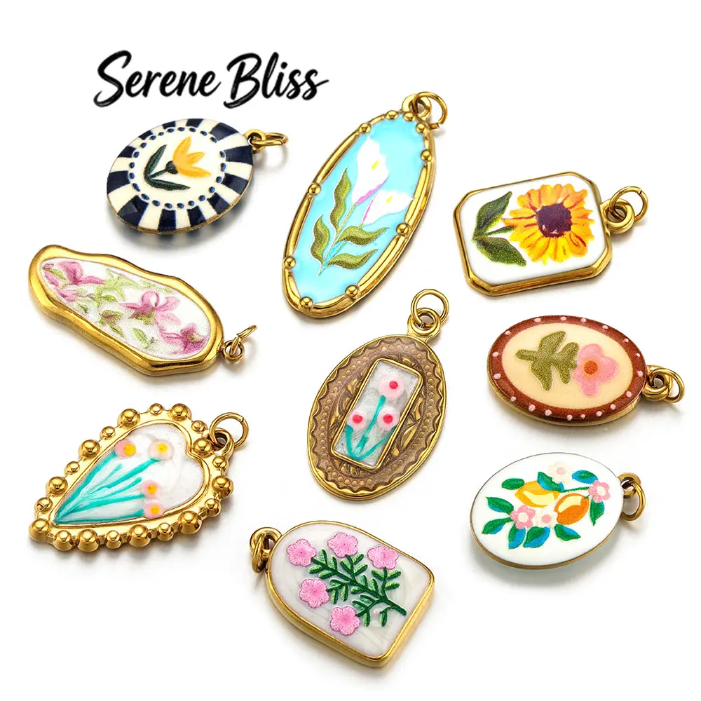 3pcs/Lot Stainless Steel Flower Enamel Charms 18k Gold Oval Heart Vintage Pendants DIY Earrings Necklace for Women Jewelry Gifts
