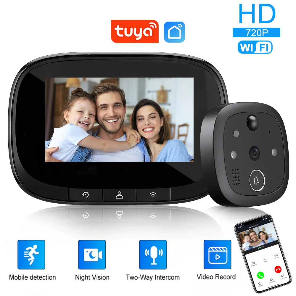 Tuya Smart Video Doorbell Digital Door Viewer Wireless Peephole Camera with 4.3 Inch Screen Night Vision PIR Home Door Bell