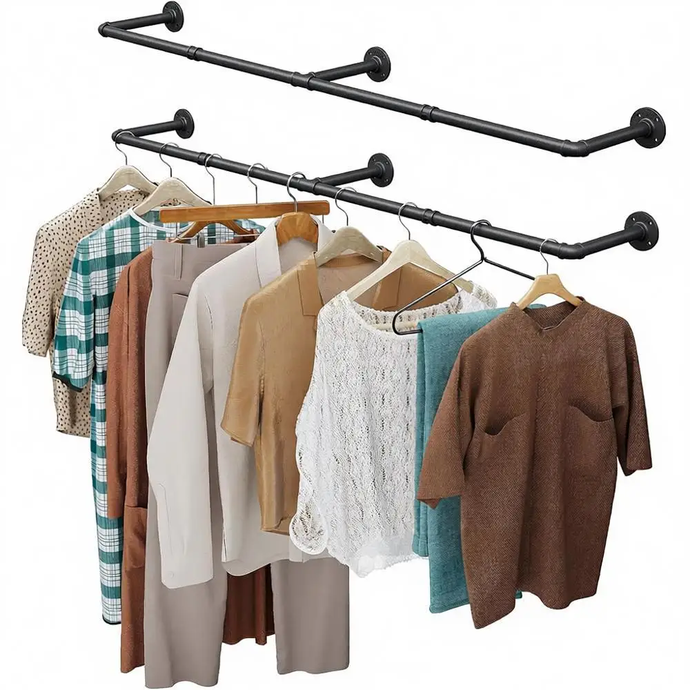

Industrial Pipe Clothing Rack, 65.7 Heavy Duty Wall Mounted Garment Rack, Space Saving Closet Storage, Black, 3 Base