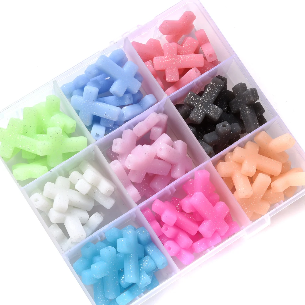 10Pcs Silicone Cross Luminous Beads with Fine Glitter Spacer Loose Beads Jewelry Accessories Phone Chain Making Diy Material
