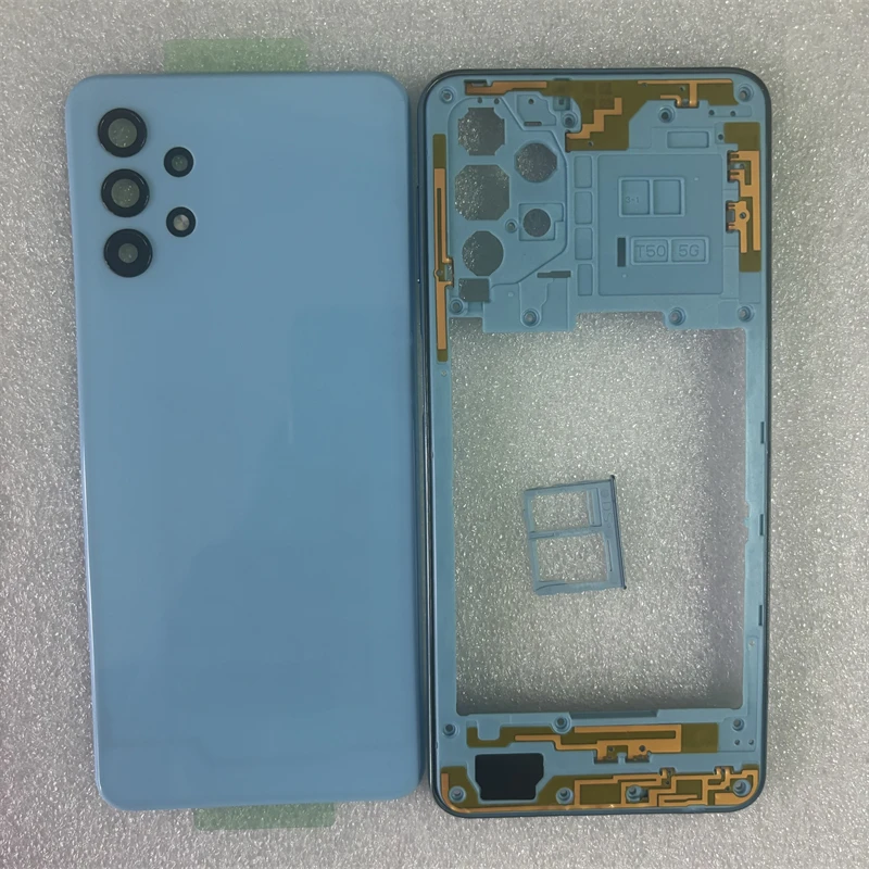 حافظة كاملة لهاتف سامسونج جالاكسي A32 5G A326 غطاء إطاري متوسط + غطاء خلفي للبطارية غطاء الباب الخلفي مع استبدال عدسة الكاميرا