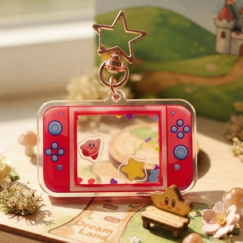 Kirby Handheld Game Console Shaker Acrylic Keychain Rose Gold Star Hook Cute Pastel Kawaii Dreamy Anime Bag Charm Ornament Gift view 2