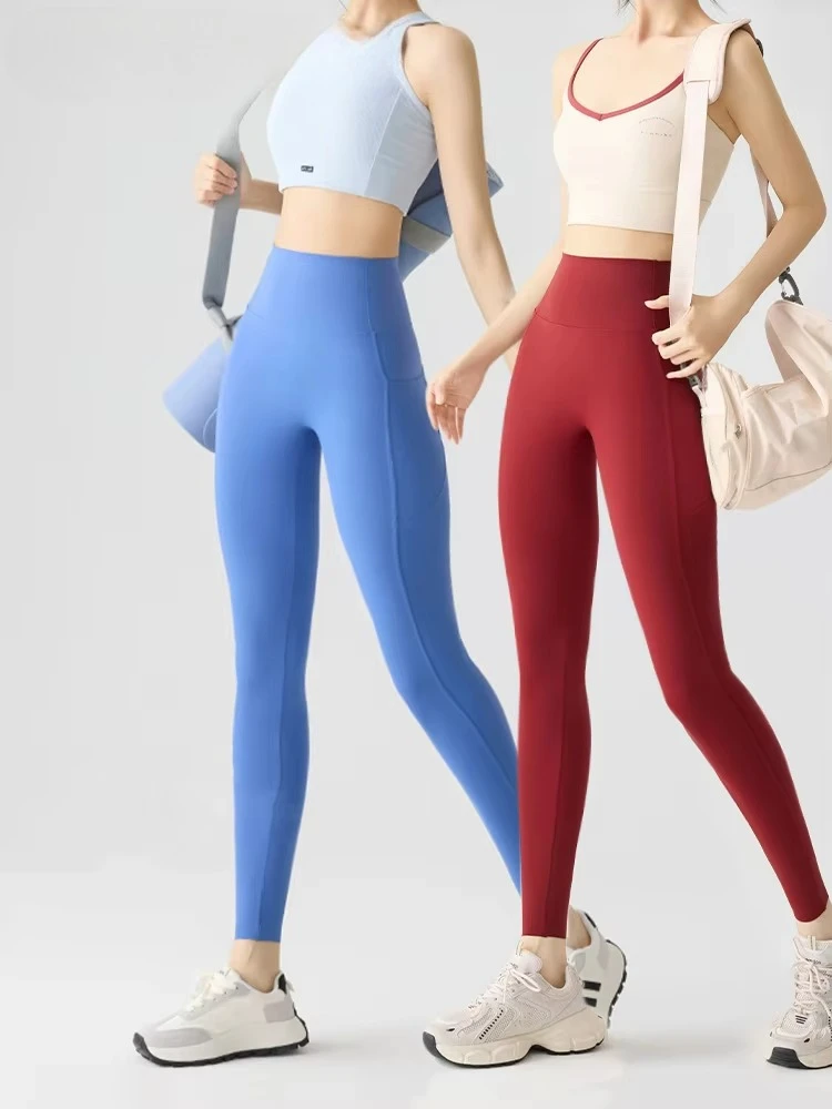 Spring Summer Pocket Sharkskin Leggings Women High Waist Tight Butt Lifter Nude Feeling Sport Fitness Running Women's Clothing