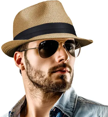 Packable Straw Fedora Hat - UPF 50+ Short Brim Roll-Up Trilby for Women & Men, Summer Beach Sun Hat