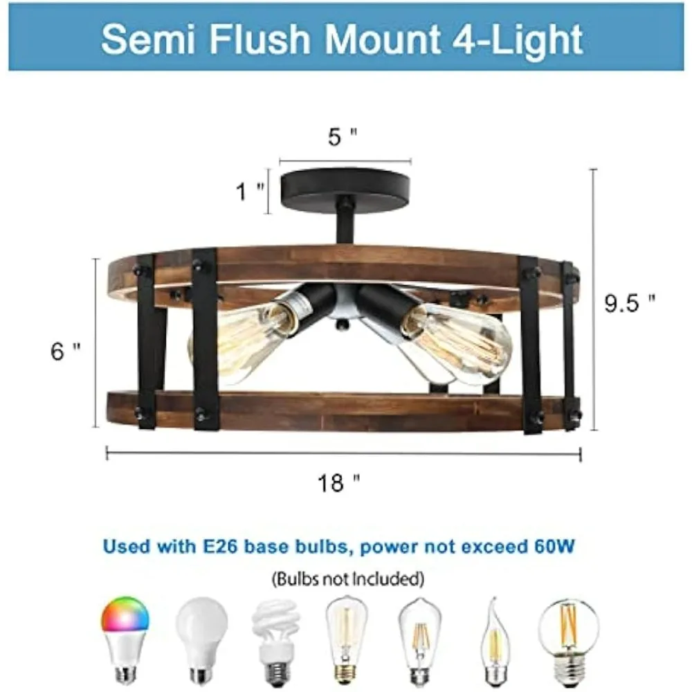 مصباح سقف شبه متساطح على طراز المزرعة الحديثة، تركيبات لظل الطبل الخشبي، إضاءة ريفية لمدخل المدخل #2