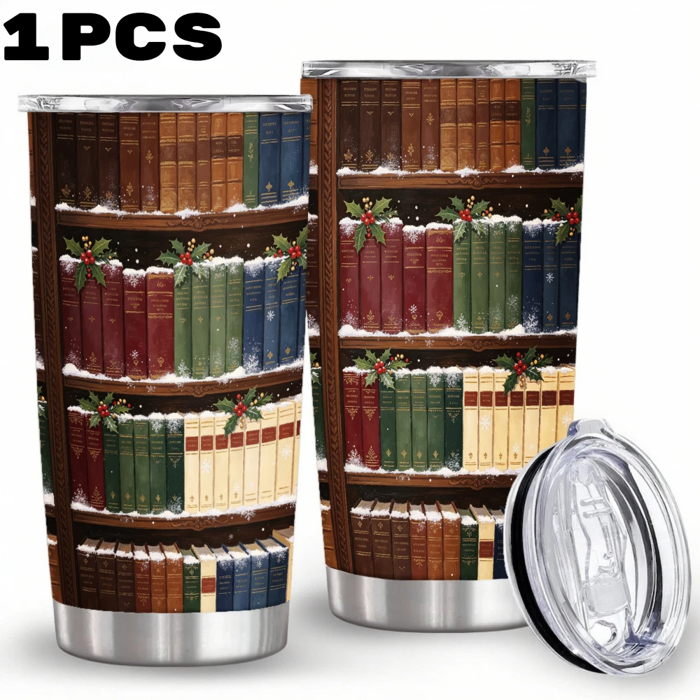 20oz Christmas Vintage Library Books Stainless Steel Tumbler with Lid and Straw, Vacuum Insulated Double Wall Car Cup Holder Friendly Travel Coffee Mug