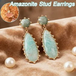Teardrop-Shaped Long Pendant Earrings Natural Amazonite Stud Earrings Luxurious Elegant Women's Earrings Party Wedding Jewelry