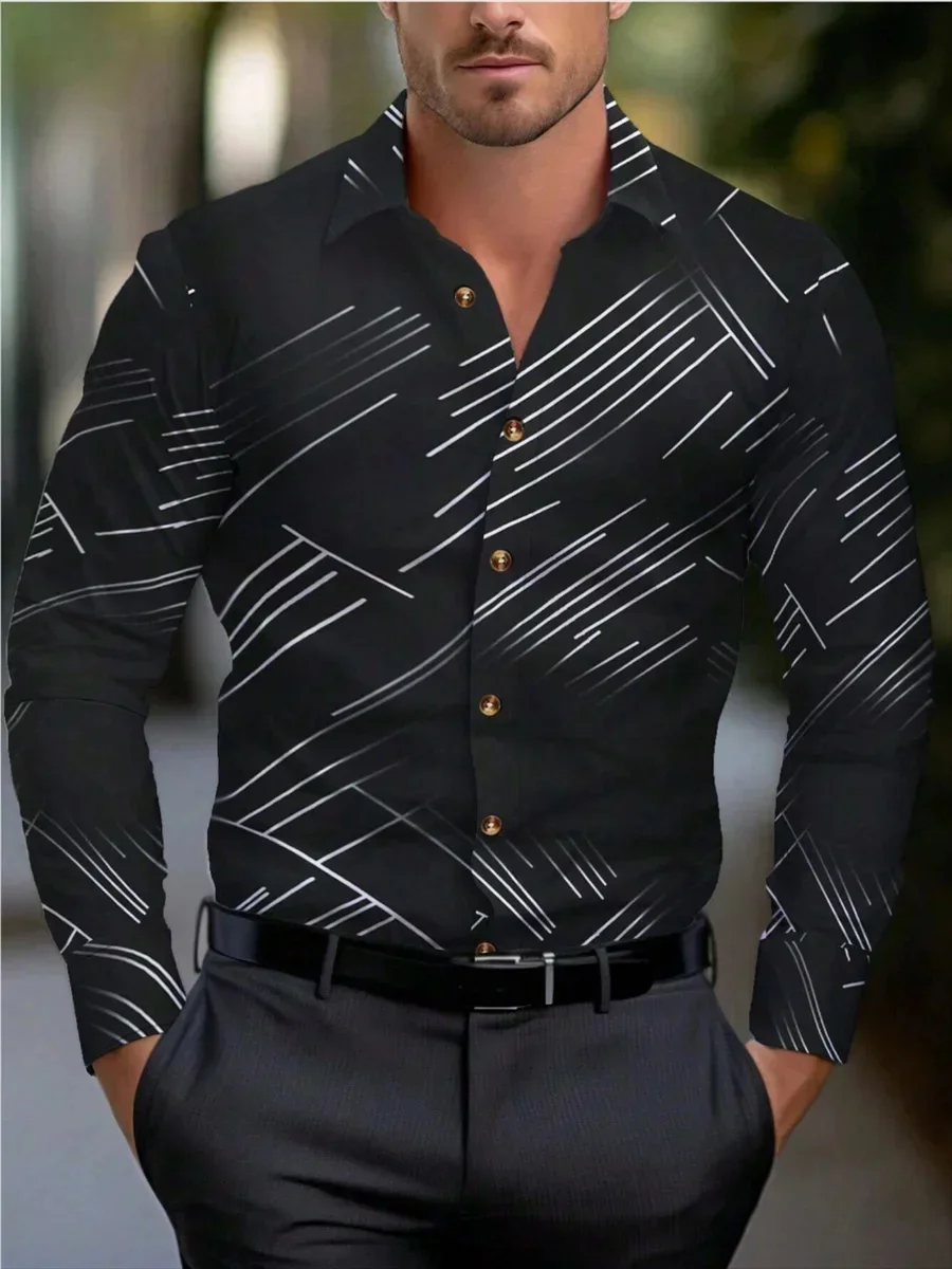 2024 Men\'s Stripe Print Long Sleeve Lapel Button Shirt Street Casual Hawaiian Shirt