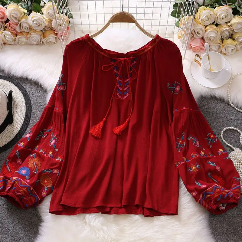 Women Vintage Cotton Linen Blouse Spring Long Sleeve Ruffles Tops Femininas Embroidery Shirt Robe Casual O Neck Blusas