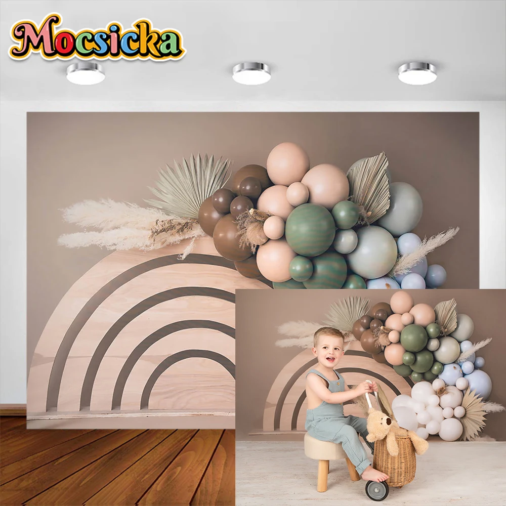 

Bohemia Rainbow Photogrpahy Background Wood Balloons Kids Adult Child Baby Photocall Props Birthday Cake Smash Backdrops