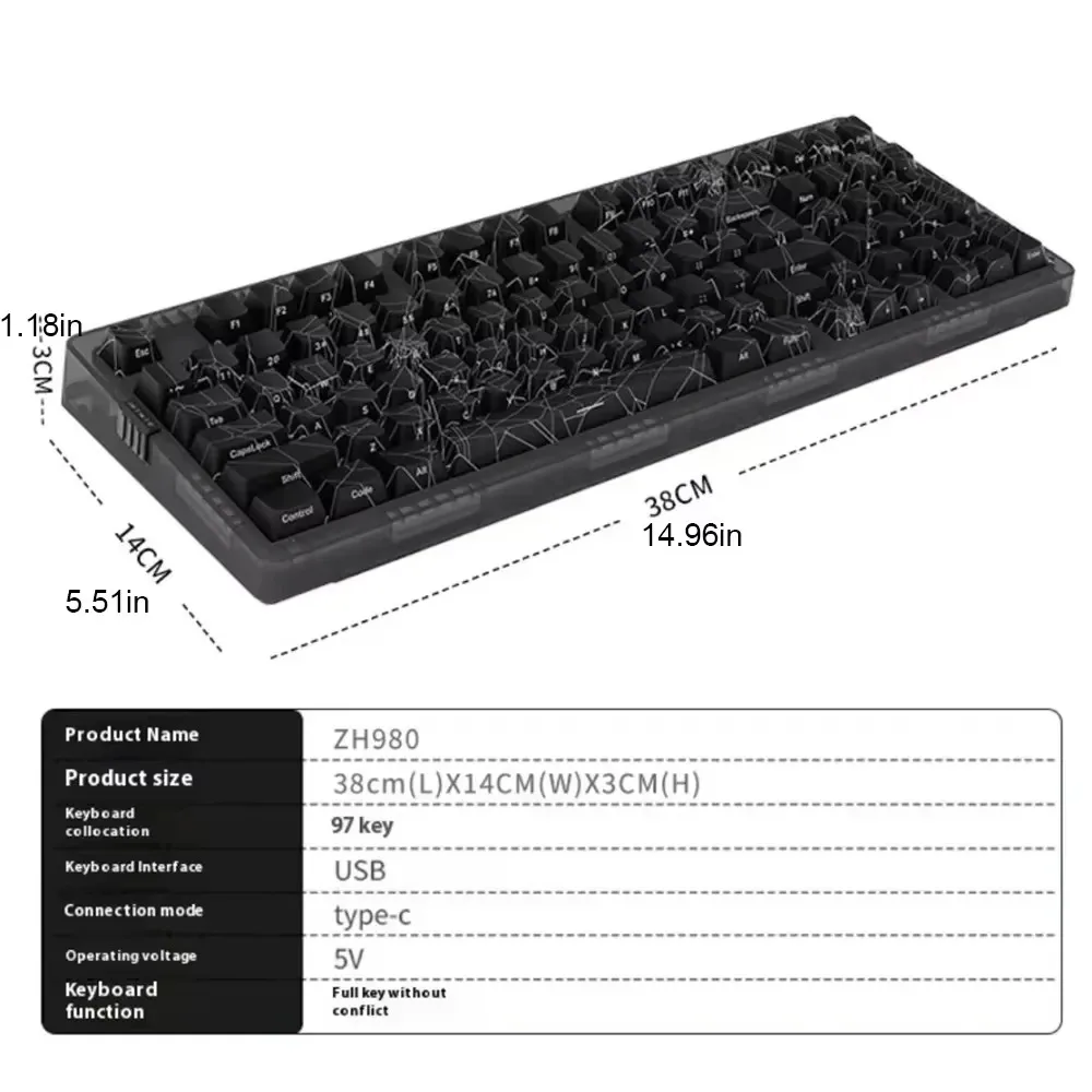 Spider Web Mechanical Keyboard ZH980 3-mode Wired Wireless 2.4G Bluetooth Gaming Keyboards Custom RGB Hot Swap for Office PC