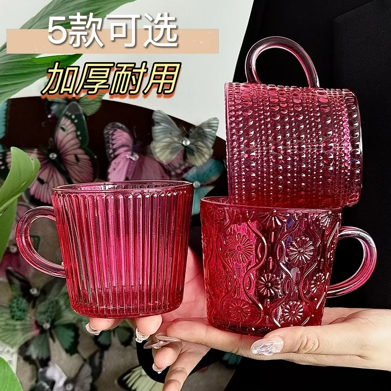 Vintage Relief Glass Cup with Handle Large Capacity Breakfast Bottle Coffee Cups Water Drinking Glasses
