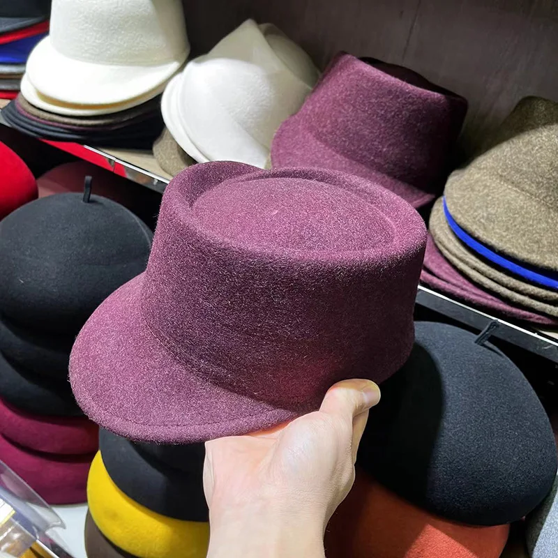 Winter Fedora Hat for Women Korean Flat Top Navy Wool Hat British Casual Black Gray Khaki Equestrian Hat Fashion High Quality