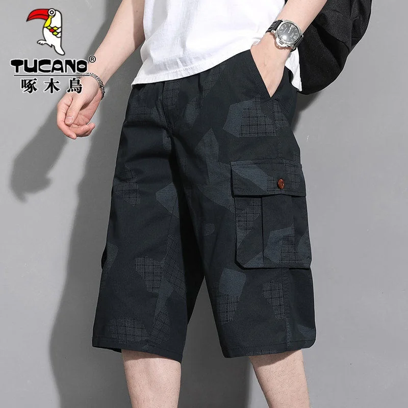 

Мужские летние повседневные свободные брюки-карго из чистого хлопка с камуфляжным принтом, длиной до колена, прямого кроя, TUCANO