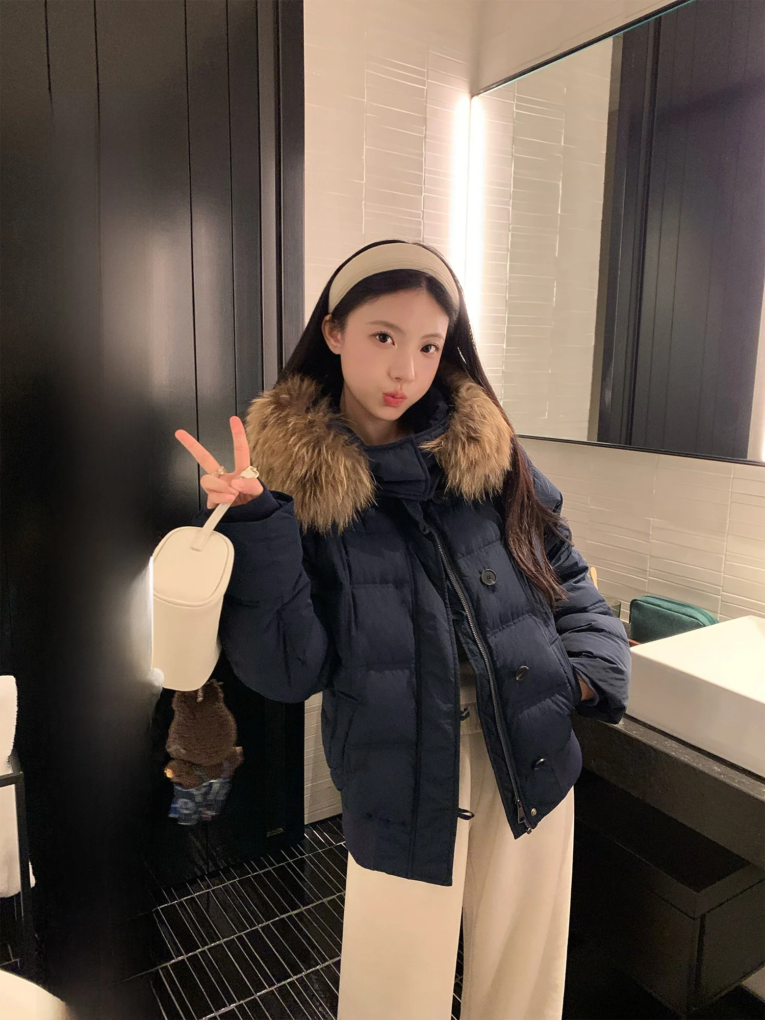 

Yuzhouqi Freedom Cuba ort Hooded down Jaet Women's New Sle Large Fur Collar Warm Winter Outerwear Casual Loose Fit