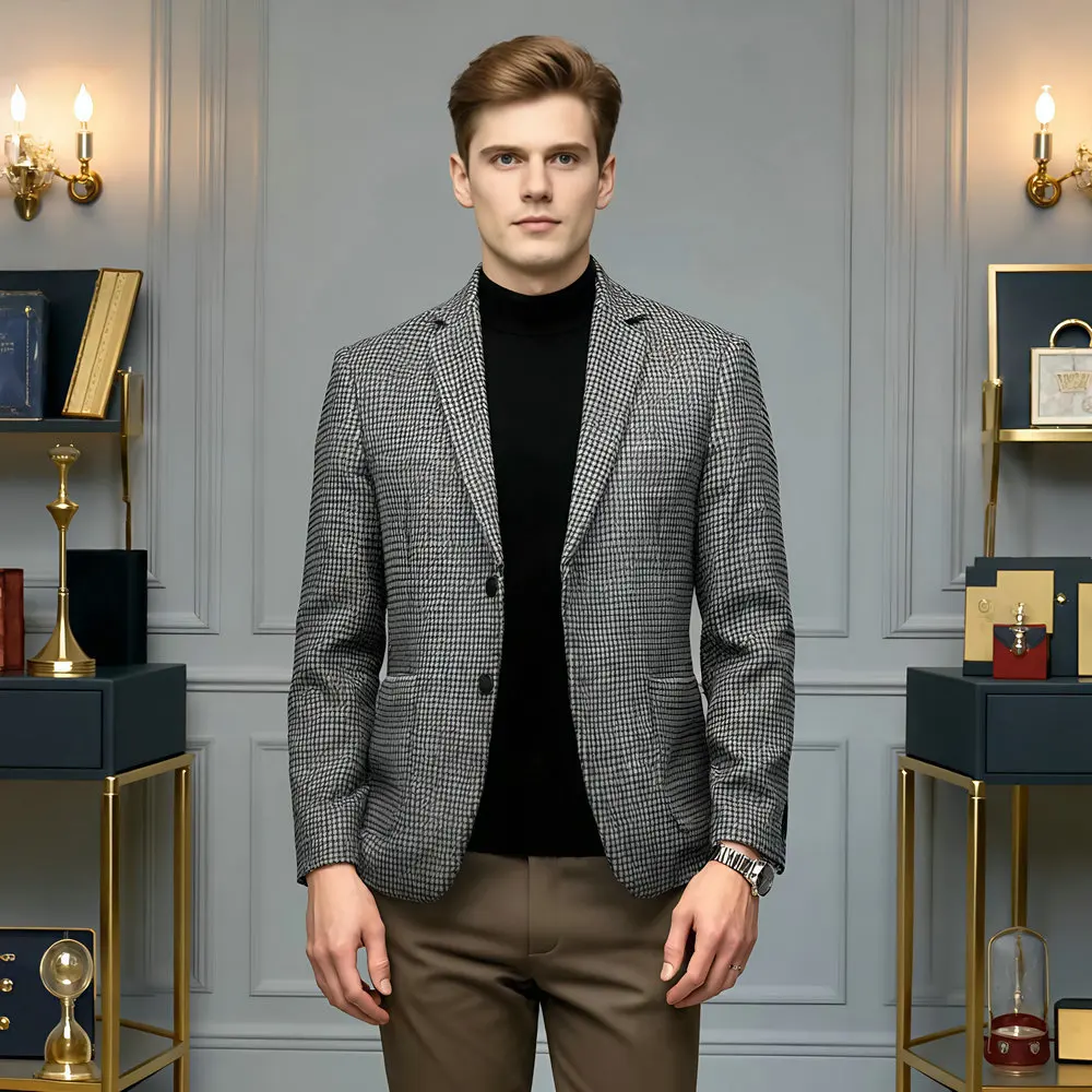 

Men Classic Houndstooth Blazers Coffee Gray Checked Pattern Sheep Wool Suit Jackets Male Timeless Style Outfits Old Money OOTD