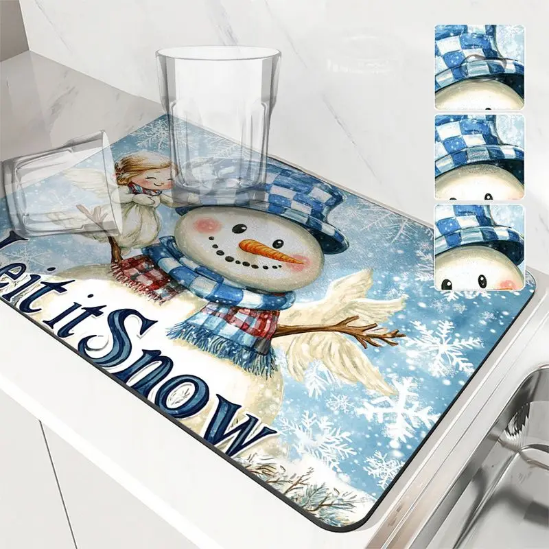 VIKAMA Let It Snow Dish Drying Mat Blue Snowman Non Slip Absorbent Kitchen Counter Pad For Coffee Machine Dish Draining