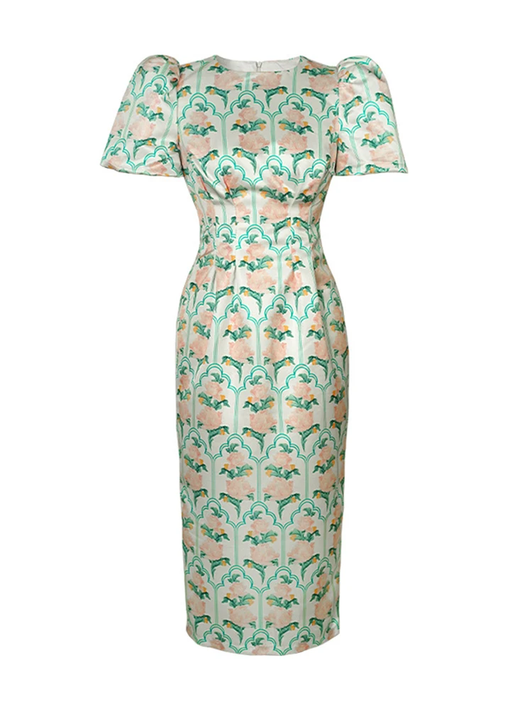 Summer Elegant Office Women Evening Dress Sweet Print O-Neck Slim Midi  Dresses Party Gown Vacation Birthday Robe Mujer Vestidos