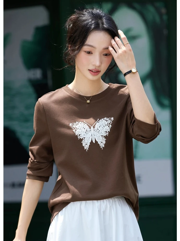 

VIMLY Women's Brown T-shirts Beading Butterfly Embroidered Long Sleeve Tees Casual Round Neck Autumn 2025 Knit Ladies Tops A2222