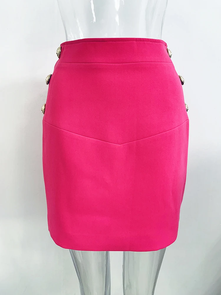 HIGH STREET New Fashion 2024 Designer Women Metal Lion Buttons Mini Skirt Hot Pink