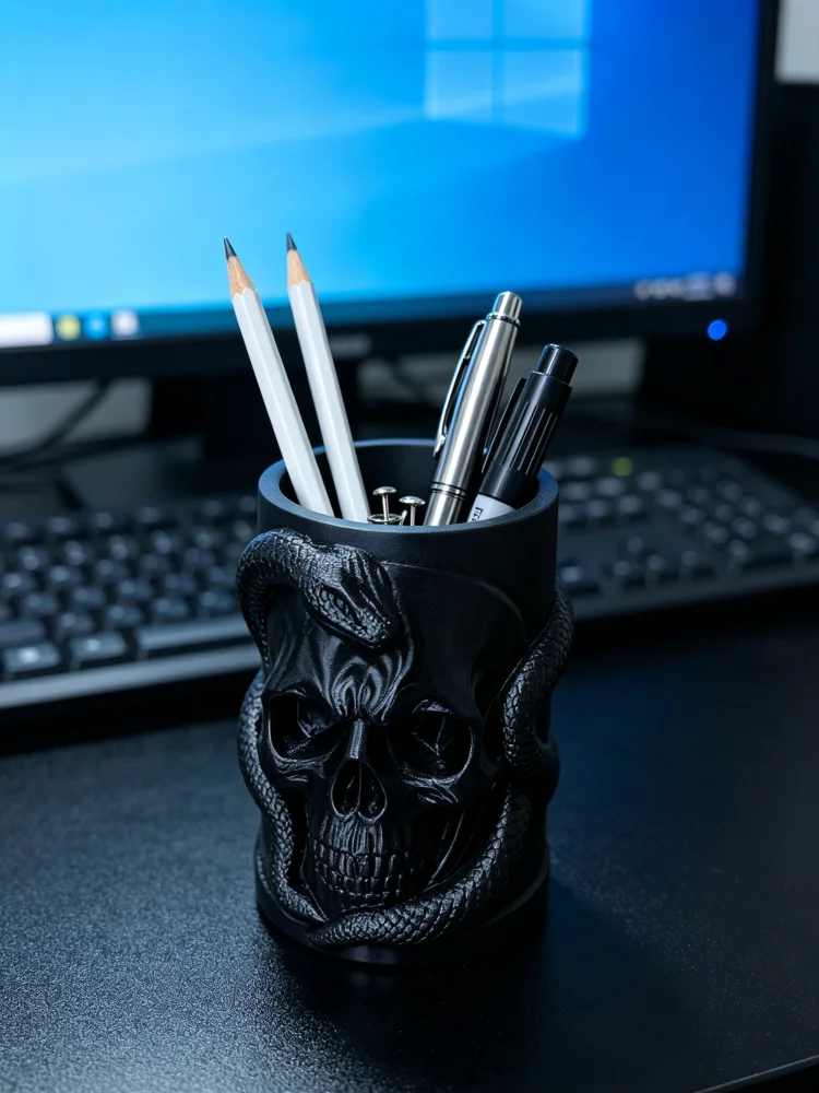 Gothic Skull and Snake Pen Holder, Snake-Wrapped Skull Skeleton Design Desktop Pen Cup, Matte Black Sturdy and Durable Desktop Stationery Organizer, Punk Retro Horror Style Desktop Decoration, Office Desk Storage Supplies, Study Room Home Office Decoration, Makeup Brush Organizer, Halloween Themed Ornament, Cool and Unique Desktop Gift Item