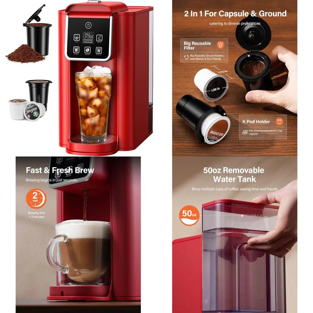 

Кофемашина для горячего и холодного кофе для капсул и молотого кофе K-Cup, размеры заваривания от 6 до 14 унций, резервуар на 50 унций, смелое заваривание, нержавеющая сталь, красный